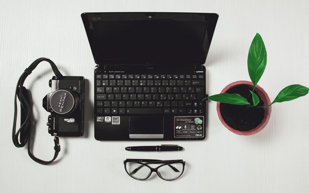Left to right, an image of a black professional camera, a portable tablet with keyboard, and a green plant. A pen and a pair of glasses are in front of the tablet.