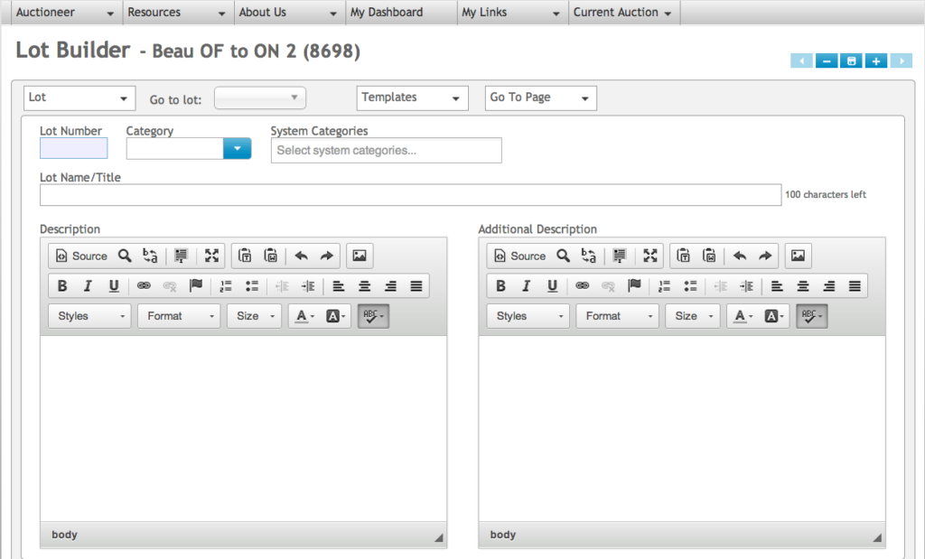 An example of what the Wavebid Lot Builder looks like, including it's description fields.